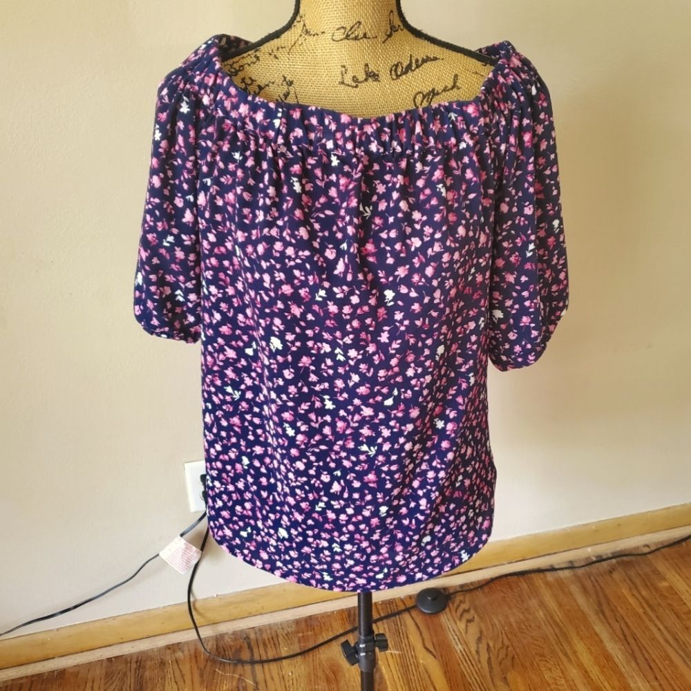 Michael Kors Blouse XS Blue Pink Floral Off The Shoulder Boho Top Coquette